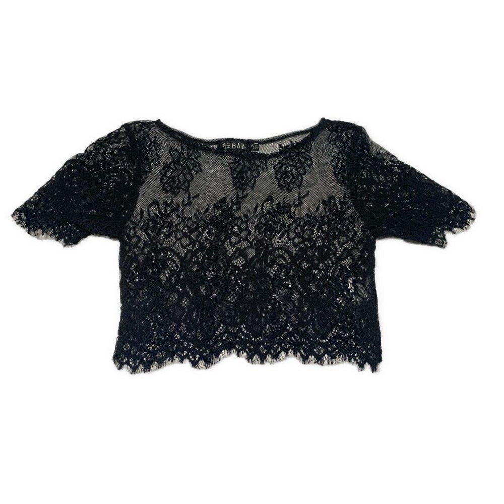 Rehab Womens Solid Black Sheer Lace Short Sleeve Crop Top Cotton Nylon Small
